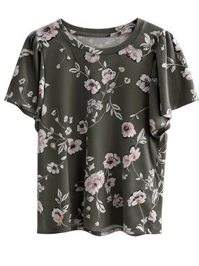 Women's Floral Short Sleeve Blouse - Olive Green
